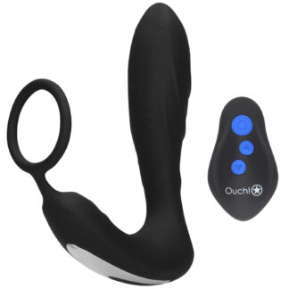 Ouch! Electro and Vibrating Butt Plug with Cock Ring - Black